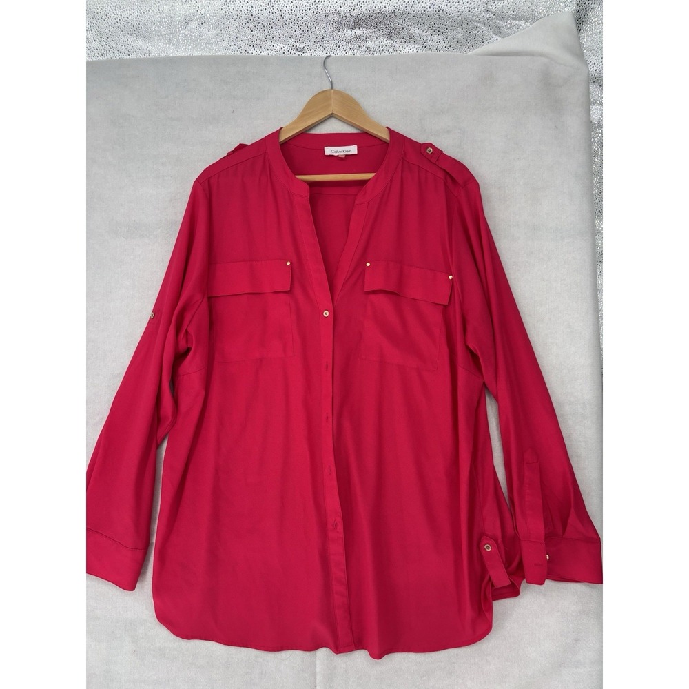 Calvin Klein Women Pink Button Up Blouse 1X  L/SL Roll Tab SL Longer Length